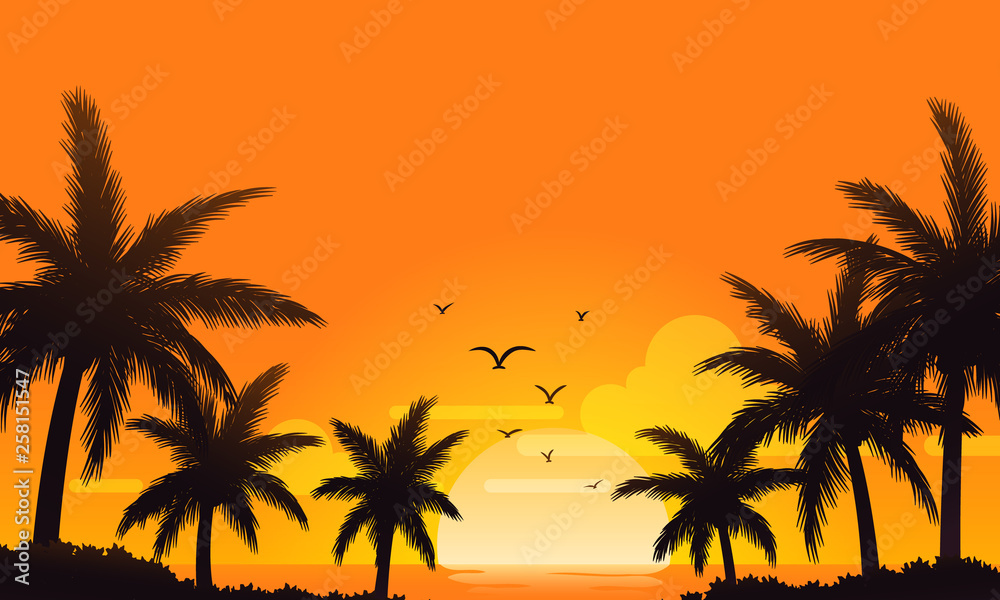 summer sunset orange sky with silhouette coconut palm background