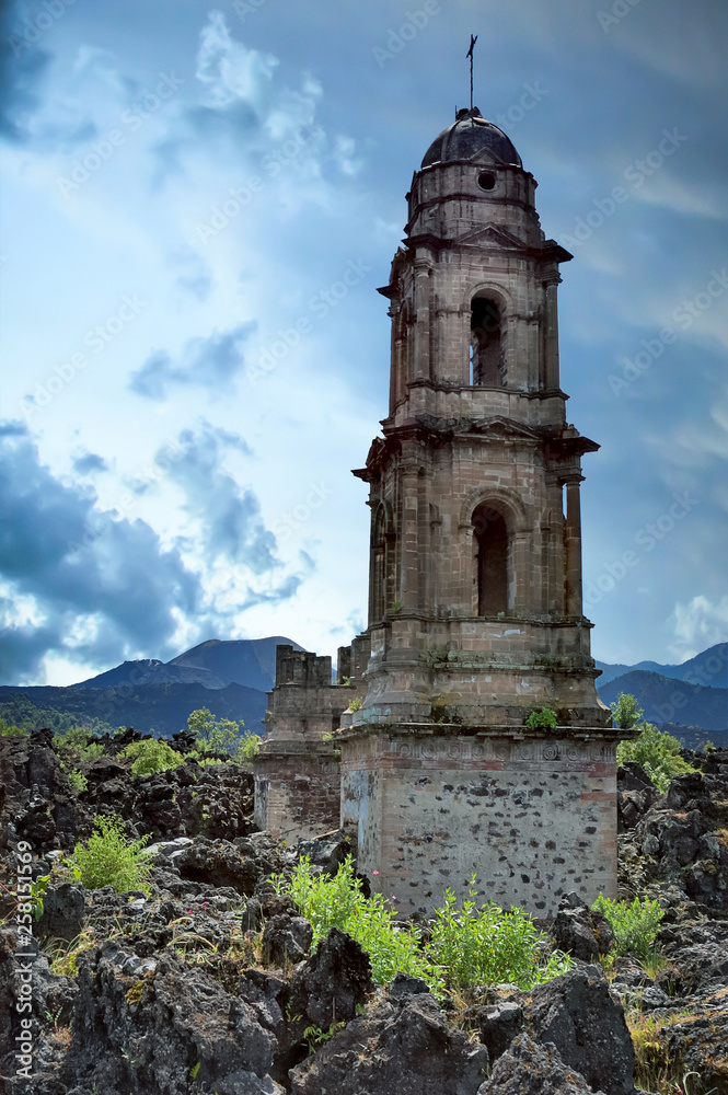 Lava destroyed village during the formation of the Paricutin volcano in 1943 San Juan Parangaricutiro, Michoacan, Mexico.