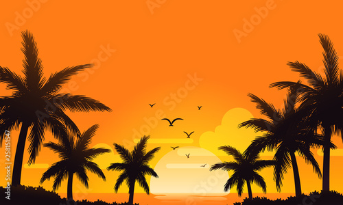 summer sunset orange sky with silhouette coconut palm background © Aizen Studio