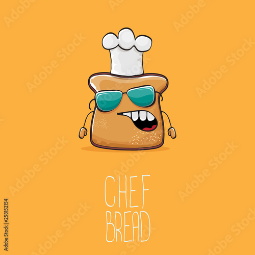 vector funky cartoon cute bread chef character with white chef hat isolated on orange background. My name is bread concept illustration. Bakery funky logo or mascot design template