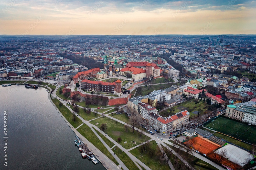 Aerial drone view on Cracow and Wawel Castle.