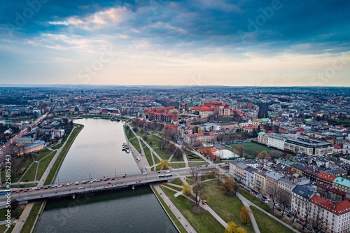 Aerial drone view on Cracow and Wawel Castle.