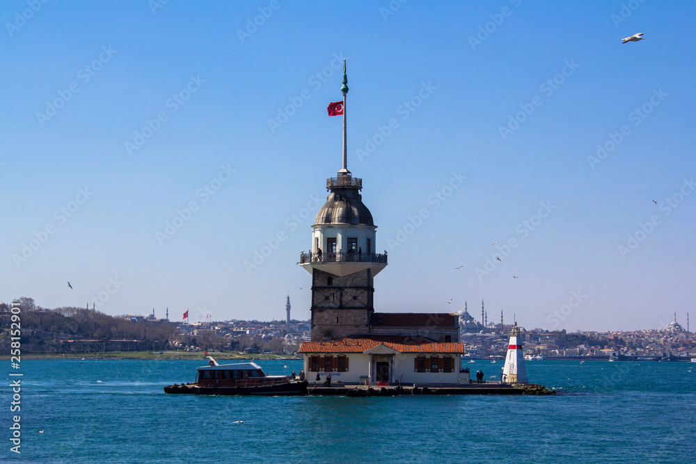 Maiden's Tower or Kiz Kulesi located in the middle of Bosporus, Istanbul.