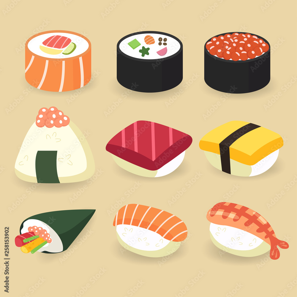 Set of Japanese tradition foods collection : sushi, sashimi, temaki and roll .Vector Illustration. Set of Japanese tradition foods collection : sushi, sashimi, temaki and roll .Vector Illustration.