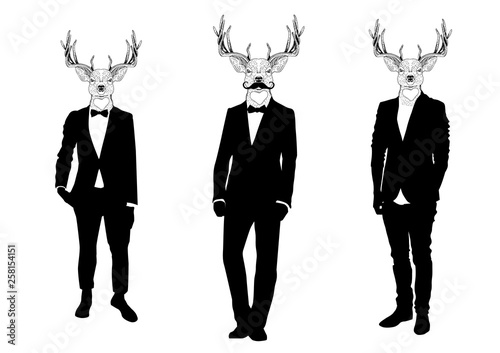 Men with deer heads black and white silhouette set.