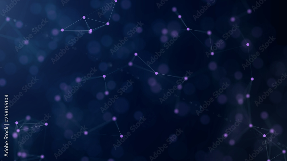 Fototapeta premium Shapes, dots and lines are connected with shine on blurred background.