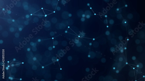 Shapes, dots and lines are connected with shine on blurred background.