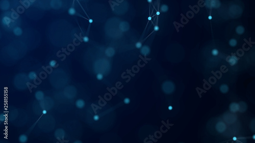 Shapes, dots and lines are connecting with shine on blurred background.