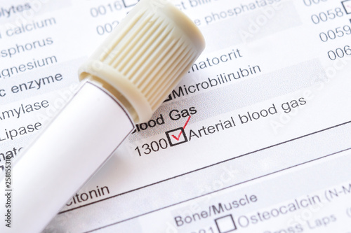 Blood sample tube with laboratory requisition form for arterial blood gas test