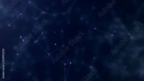 Shapes, dots and lines are connected with shine on blurred background.