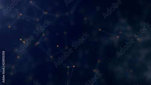 Shapes, dots and lines are connectied with shine on blurred background.