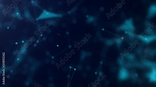 Shapes, dots and lines are connecting with shine on blurred background.