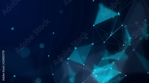 Shapes, dots and lines are connecting with shine on blurred background. Dots and lines created light blue shape on the forefront.