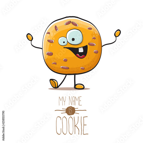 vector funny hand drawn homemade chocolate cookie character isolated on white background. My name is cookie concept illustration. funky food character or bakery label mascot