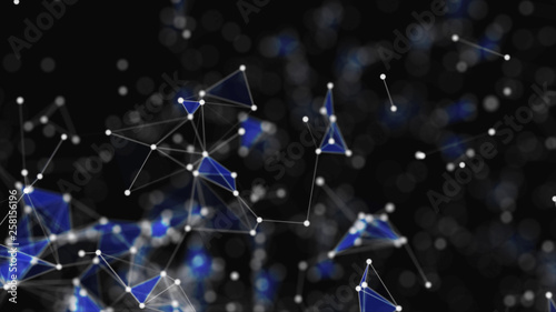 Abstract deep blue background, full of white dots, which are connected with white straight lines, on blue brurred backdrop. photo