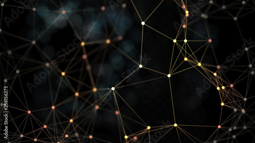 Abstract background, full of golden dots, which are connected with golden straight lines, on black brurred black backdrop. Dots accumulation. Bokeh. Fume.