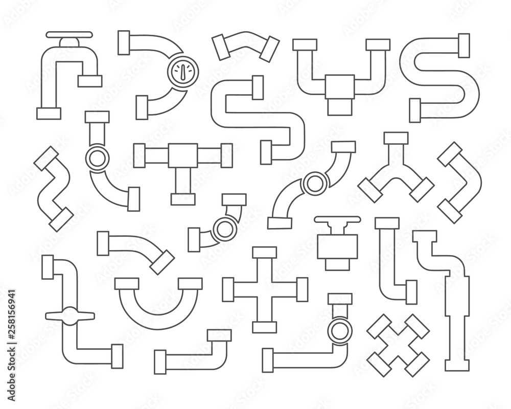 Set of pipeline element in line art style, vector icons collection on white background