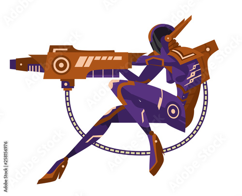 anime space suit robot skeleton woman with blaster arm weapon