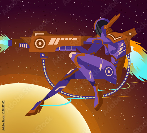 anime space suit robot skeleton woman with blaster arm weapon