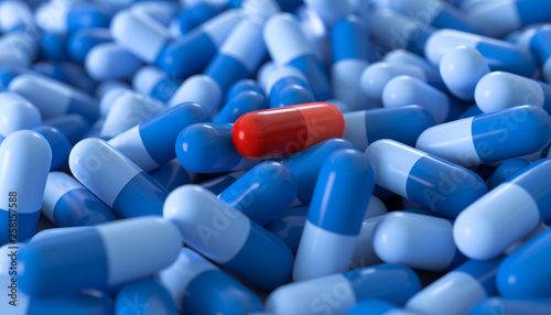 3D Illustration rote Pille und blaue Pillen