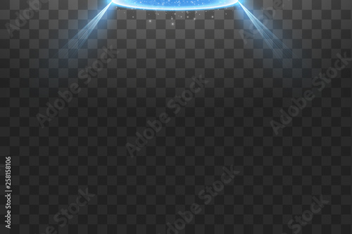 Futuristic teleport. Magic fantasy portal. Light effect. Blue candles rays of a night scene with sparks on a transparent background. Empty light effect of the podium. Disco club dancefloor.