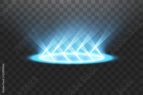 Futuristic teleport. Magic fantasy portal. Light effect. Blue candles rays of a night scene with sparks on a transparent background. Empty light effect of the podium. Disco club dancefloor.