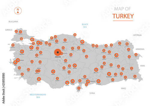 Stylized vector Turkey map showing big cities, capital Ankara, administrative divisions and country borders