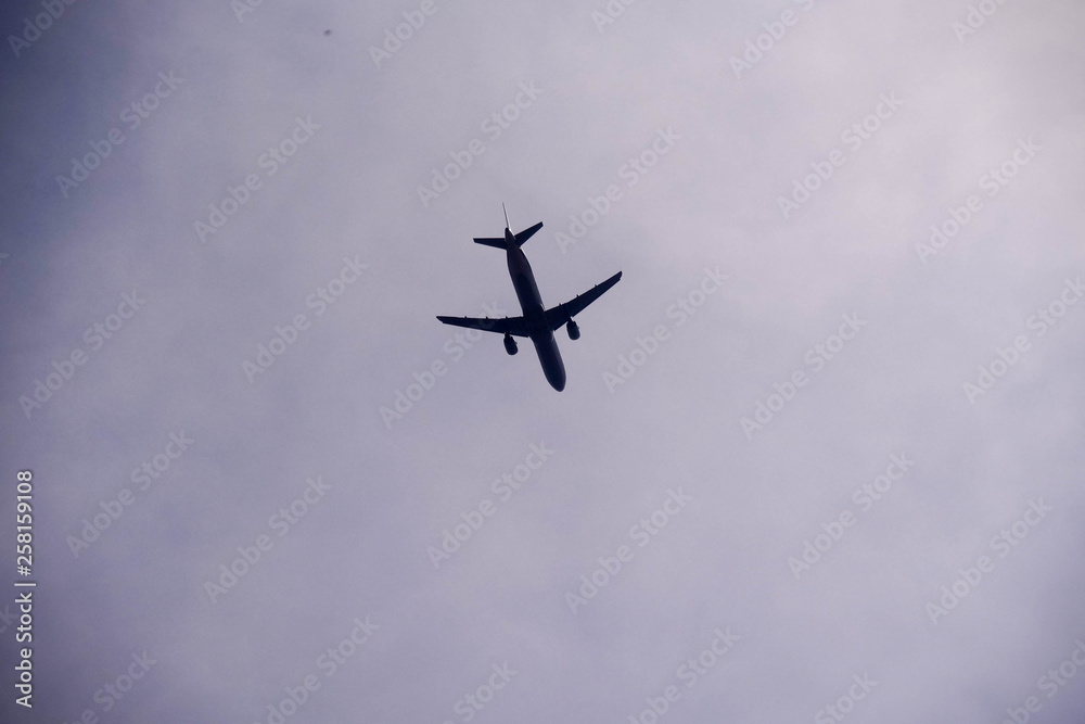 Fototapeta premium A passenger plane flew in a cloudy, gloomy sky