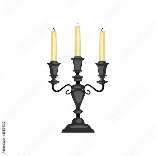 Black metal candle holder illustration. Antique, candlestick, fire. Interior concept. Vector illustration can be used for topics like decoration, luxury, vintage