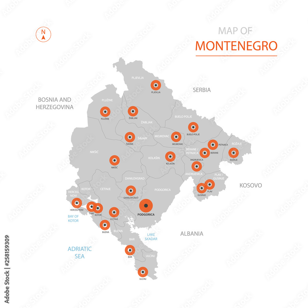 Stylized vector Montenegro map showing big cities, capital Podgorica