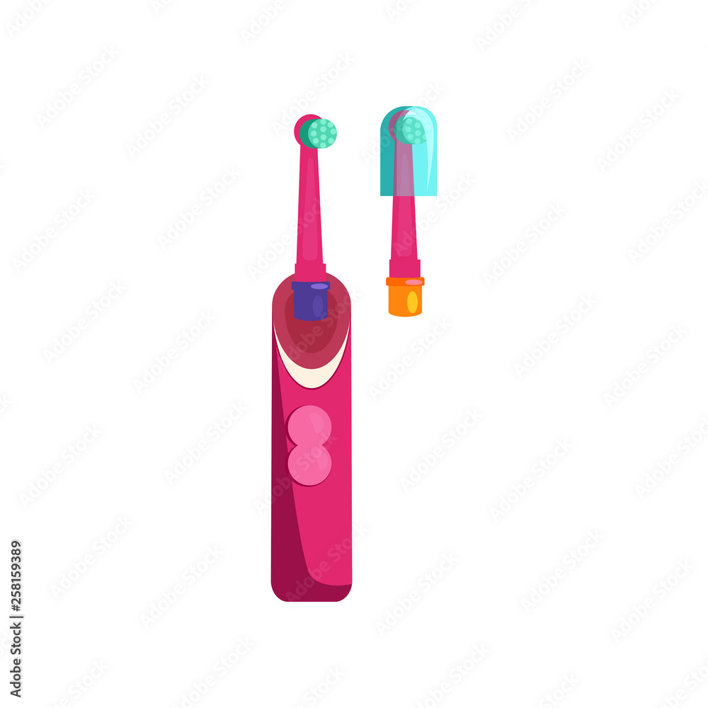 Electrical toothbrush illustration. Bathroom, hygiene, brush. Dental care concept. Vector illustration can be used for topics like stomatology, hygiene, daily routine Electrical toothbrush illustration. Bathroom, hygiene, brush. Dental care concept. Vector illustration can be used for topics like stomatology, hygiene, daily routine