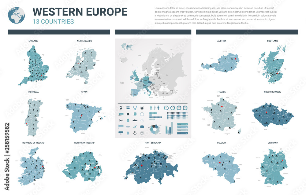 Naklejka premium Vector maps set. High detailed 13 maps of Western Europe countries with administrative division and cities. Political map, map of Europe continent, world map, globe, infographic elements.