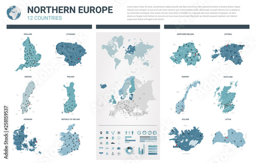 Vector maps set. High detailed 12 maps of Northern Europe countries with administrative division and cities. Political map, map of Europe continent, world map, globe, infographic elements.