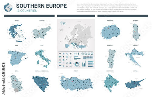 Vector maps set. High detailed 13 maps of Southern Europe countries with administrative division and cities. Political map, map of Europe continent, world map, globe, infographic elements.