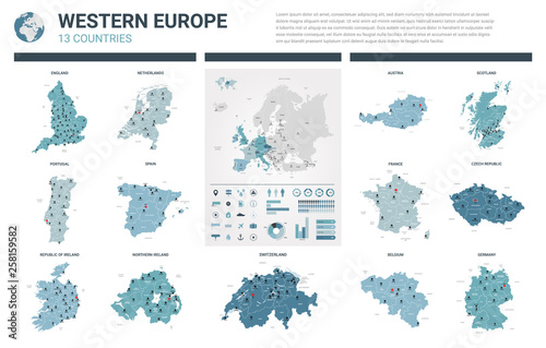 Vector maps set.  High detailed 13 maps of Western Europe countries with administrative division and cities. Political map, map of Europe continent, world map, globe, infographic elements.