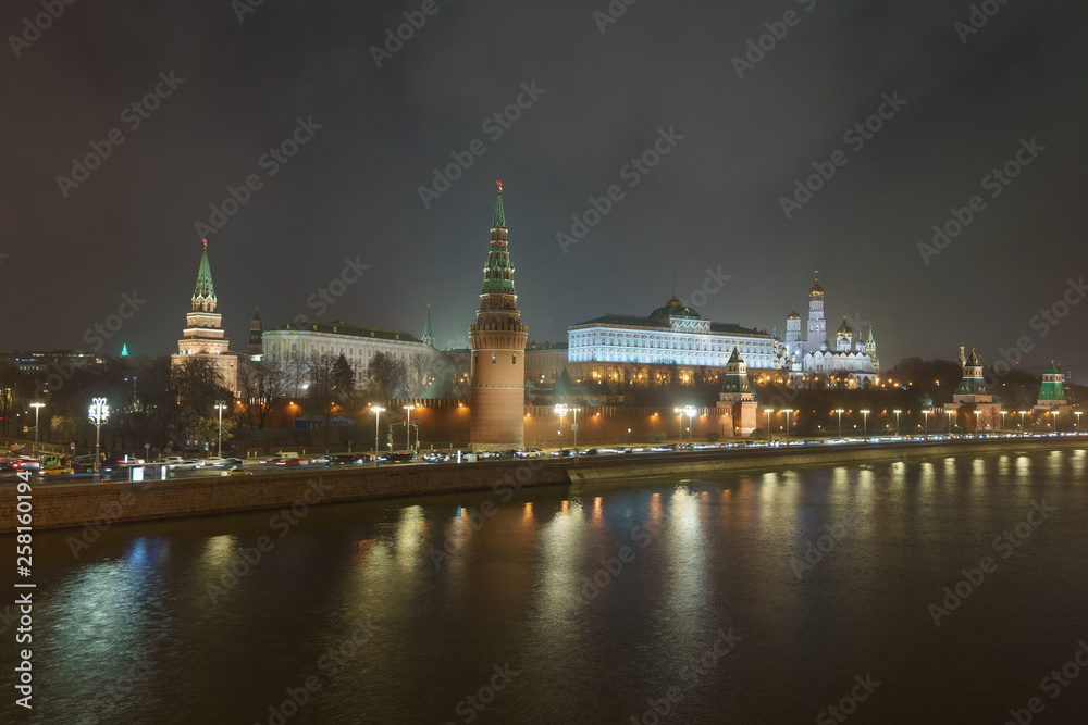 Image of Moscow Kremlin at the autumn night. Long exposure image. Kremlin Towers, Residence of the President of the Russian Federation,  Ivan the Great Belltower