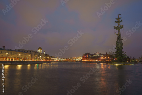 Moskva River and Peter the Great Statue. Long exposure image.