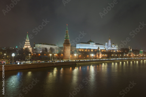 Image of Moscow Kremlin at the autumn night. Long exposure image. Kremlin Towers, Residence of the President of the Russian Federation, Ivan the Great Belltower