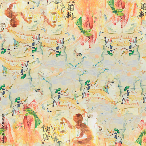 Chinese seamless watercolor pattern. Artwork. Light colors.