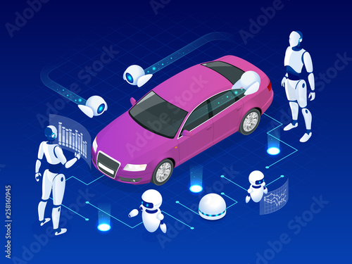 Isometric Cybernetic Robots works with a virtual interface in augmented reality. Virtual computer development of a car model using artificial intelligence. Future concept.