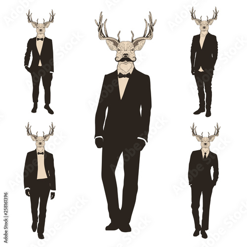 Men with deer heads black and white silhouette set.