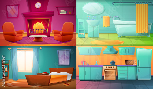 set of posters with different rooms of the apartment, vector illustration