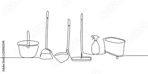 continuous line drawing of clean clean tools.
