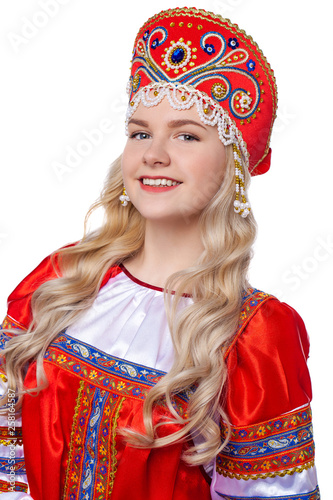 Traditional Russian folk costume, portrait of a young beautiful girl