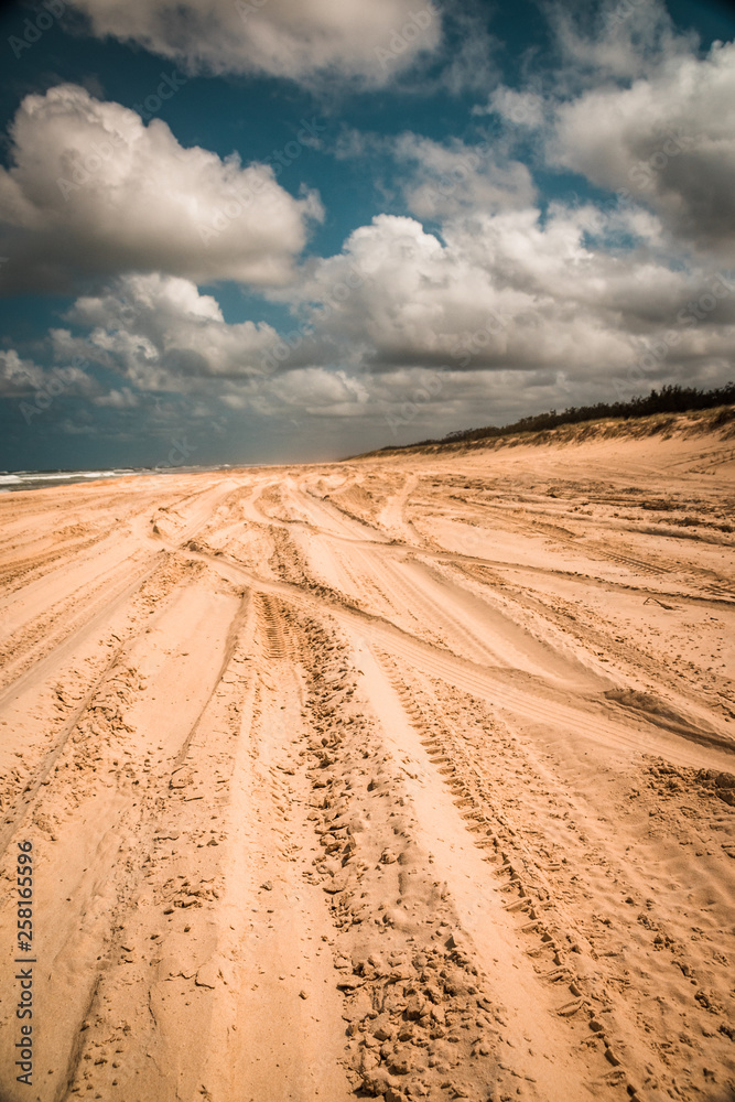 Fahrspuren und Fahrrillen im Sand eines befahrbaren Strandes auf Fraser Island