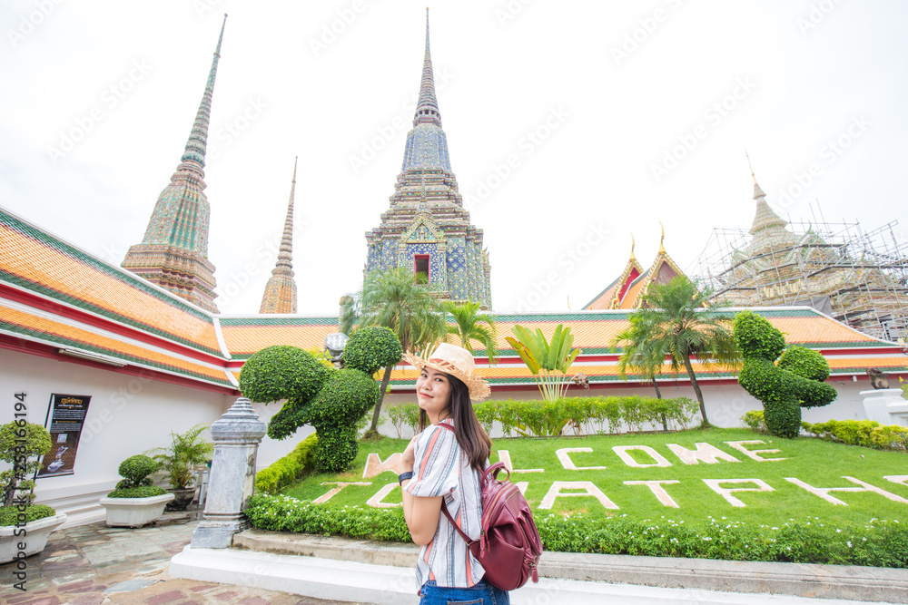 Young traveller women enjoying with buddhist pagoda temple