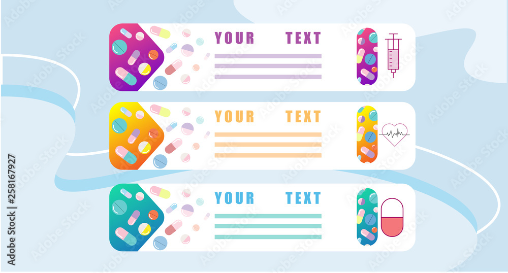 Collection of horizontal banner with set of pills, medicine, drugs isolated on blue background. Flat colorful vector illustration for online drugstore or pharmacy advertisement