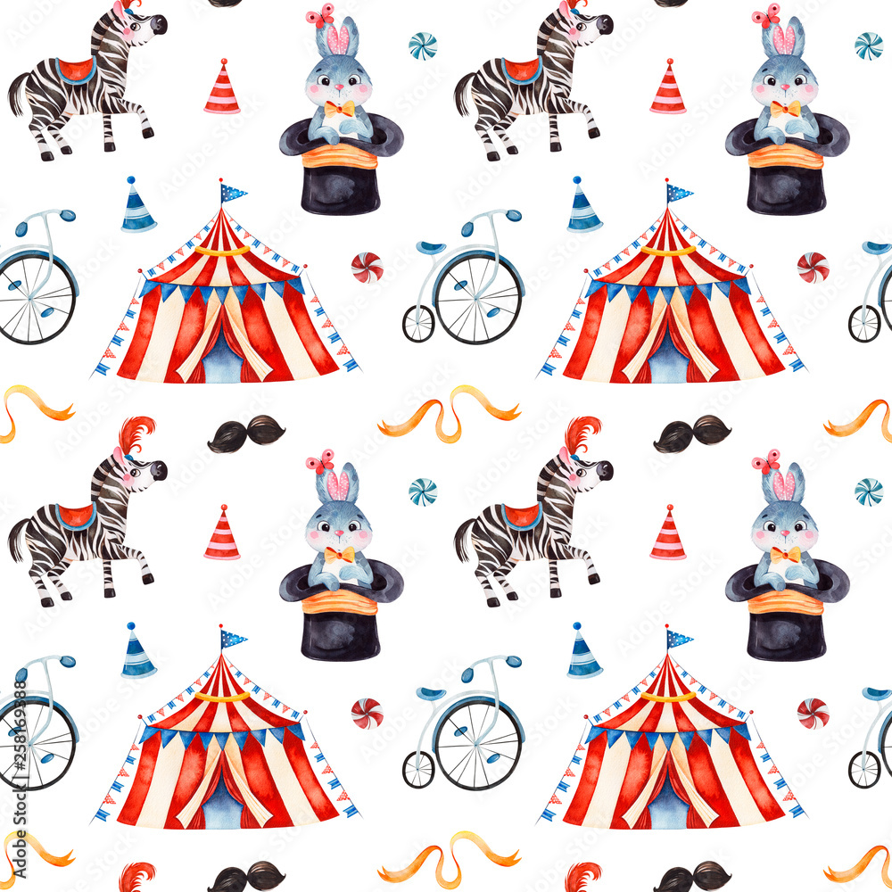 Lovely circus pattern.Seamless Texture with cute little bunny in a hat