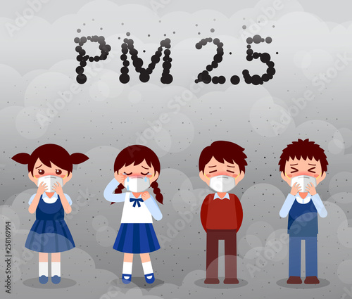 Effect of air pollution for children, The girls and boys wear protective mask. N95 prevent from PM2.5 vector illustration isolated on EPS10.