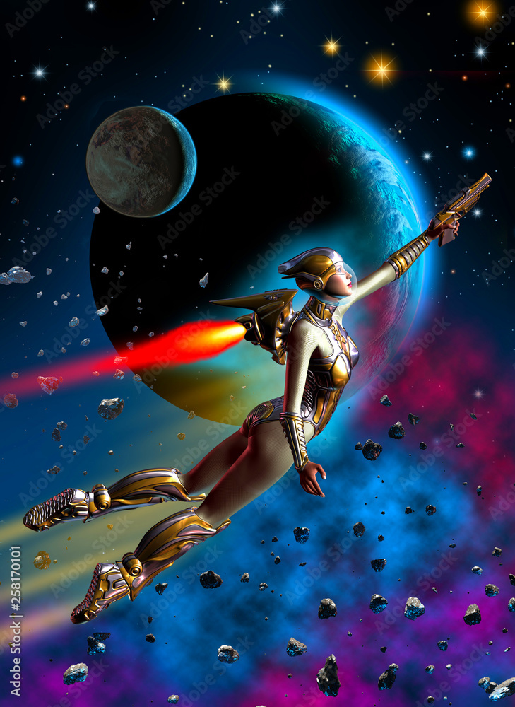 Naklejka premium futuristic girl, flying in the space, armed with gun, 3d illustration